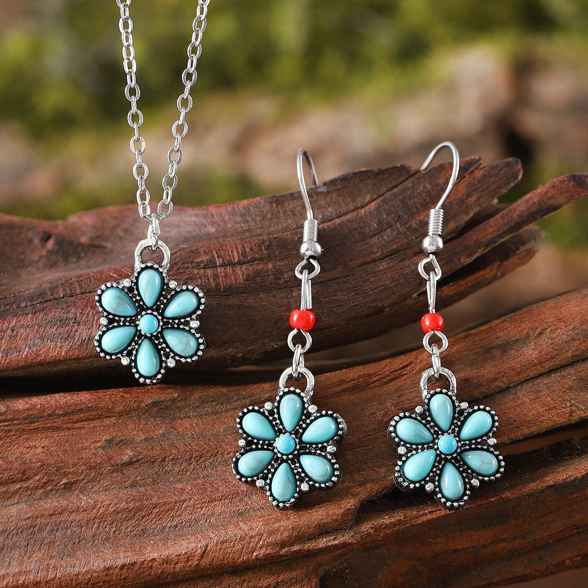 Ethnic Mosaic Oval Turquoise Pumpkin Flowers Retro Rings