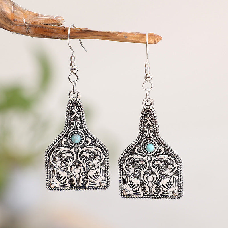Pretty Wine Bottle Carved Turquoise Ethnic Earrings
