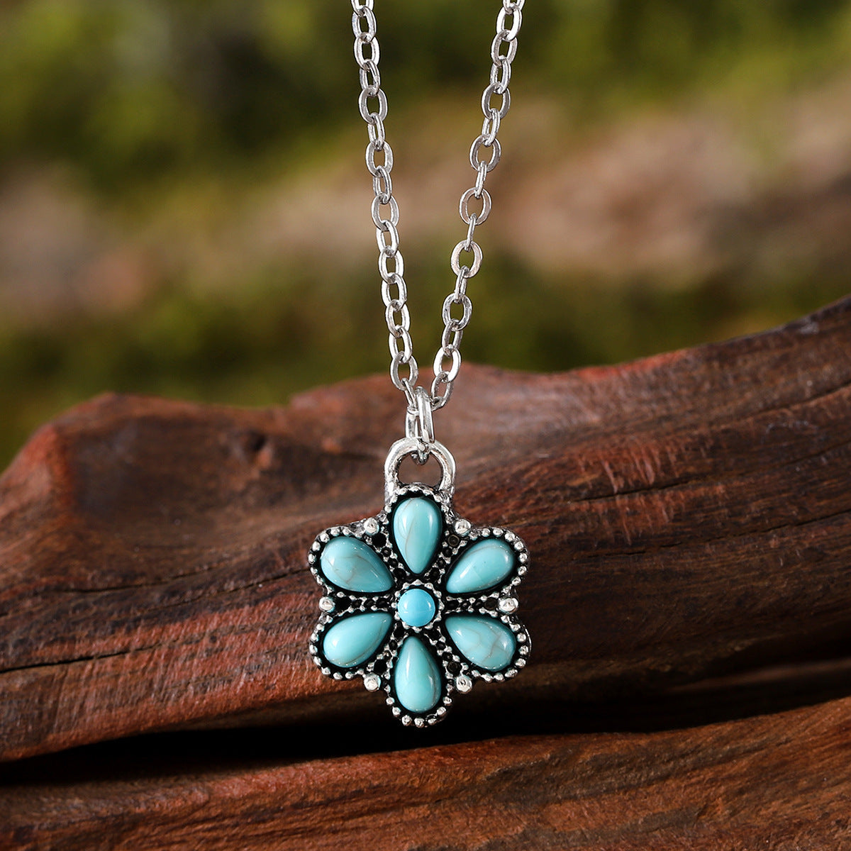 Ethnic Mosaic Oval Turquoise Pumpkin Flowers Retro Rings