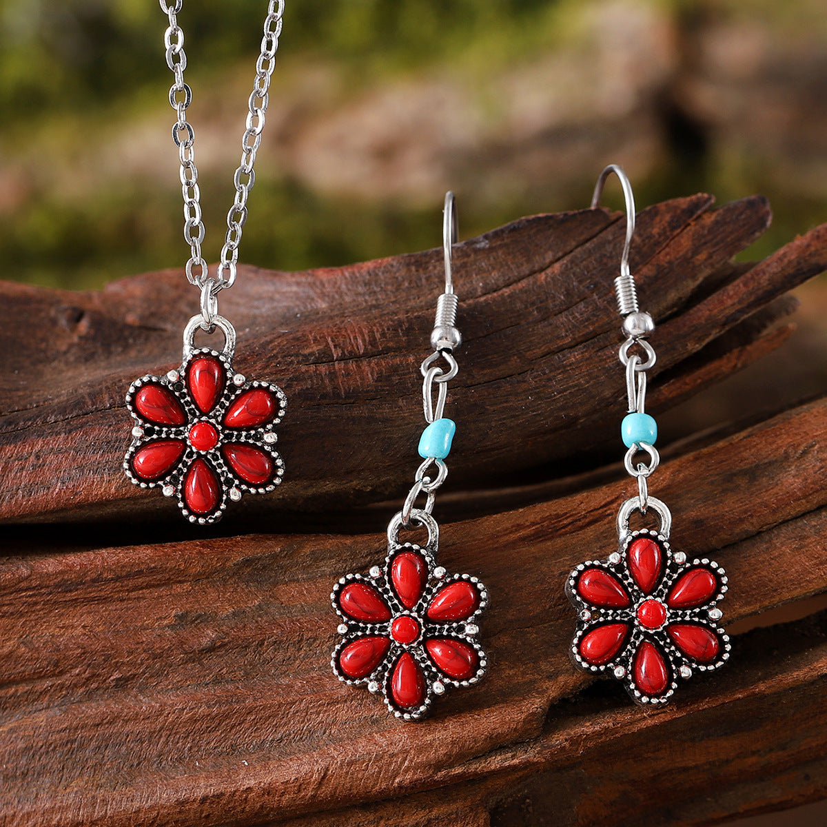 Ethnic Mosaic Oval Turquoise Pumpkin Flowers Retro Rings
