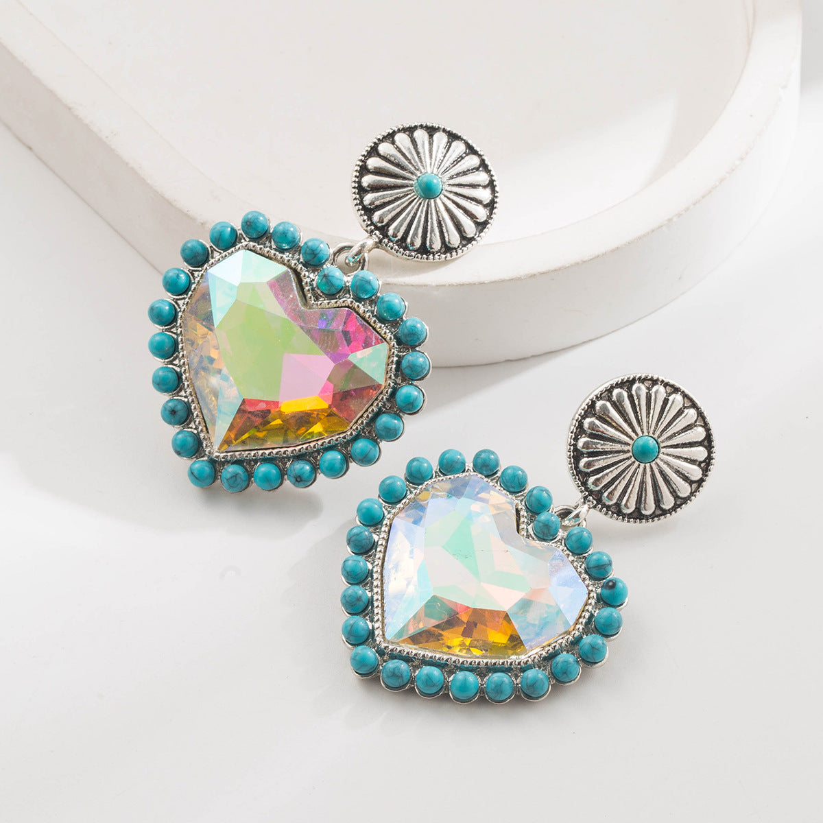 Women's Style Inlaid Glass Drill Turquoise Round Earrings