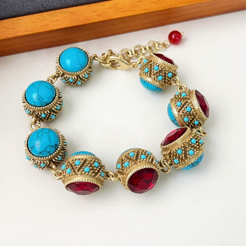 Women's Bohemia Style Turquoise Court Inlaid Ruby Bracelets