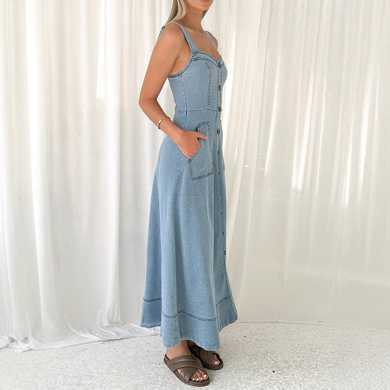 Denim medium and long dress, suspender backless temperament commuter dress