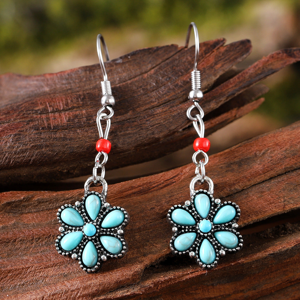 Ethnic Mosaic Oval Turquoise Pumpkin Flowers Retro Rings