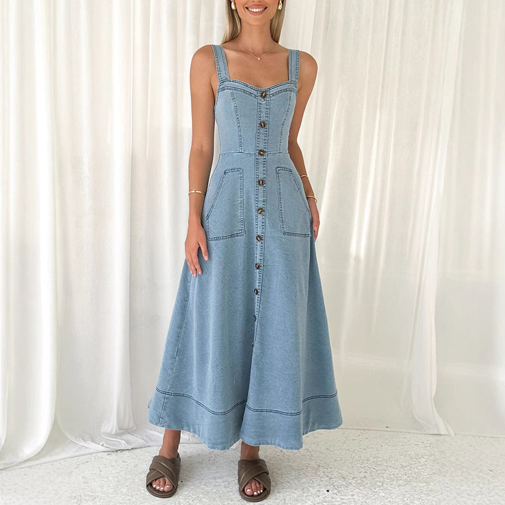 Denim medium and long dress, suspender backless temperament commuter dress