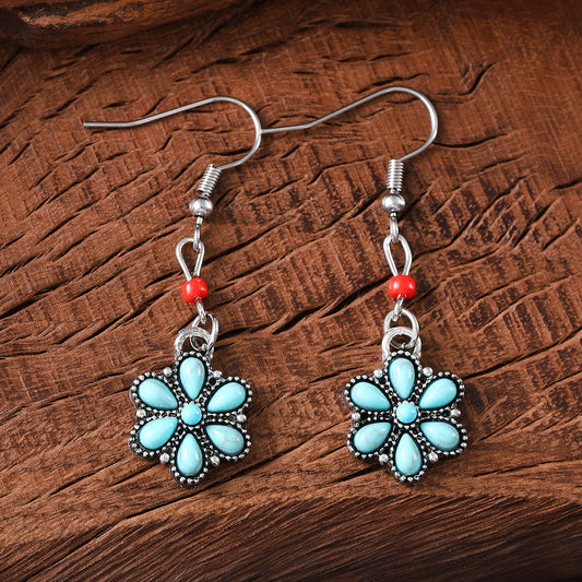 Ethnic Mosaic Oval Turquoise Pumpkin Flowers Retro Rings