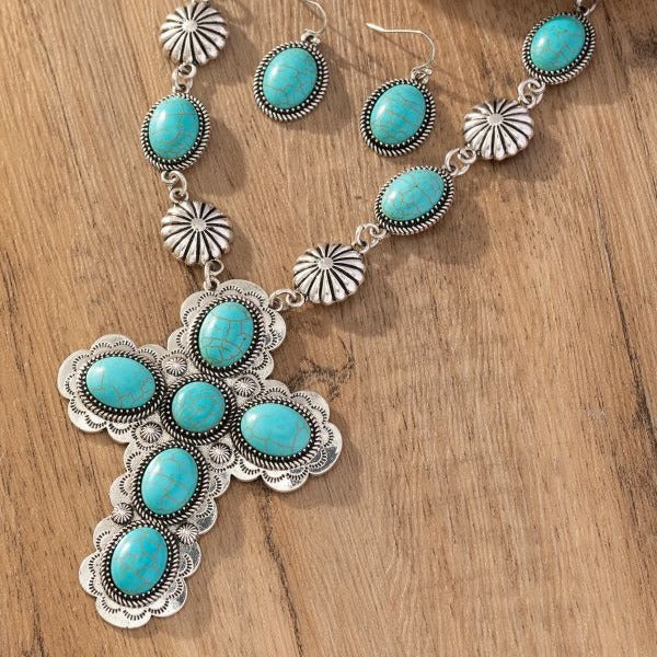 Retro Fashion Cross Turquoise Western Style Jewelry Set