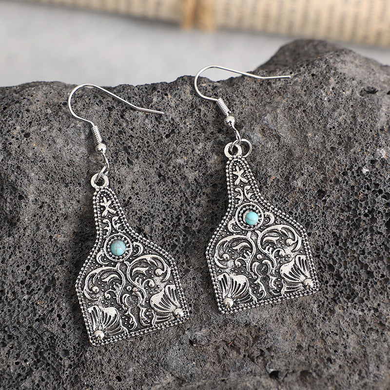 Pretty Wine Bottle Carved Turquoise Ethnic Earrings