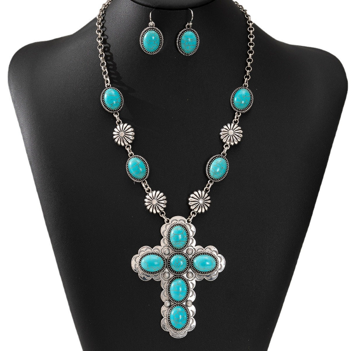 Retro Fashion Cross Turquoise Western Style Jewelry Set