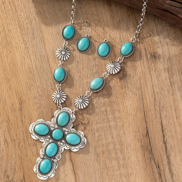 Retro Fashion Cross Turquoise Western Style Jewelry Set