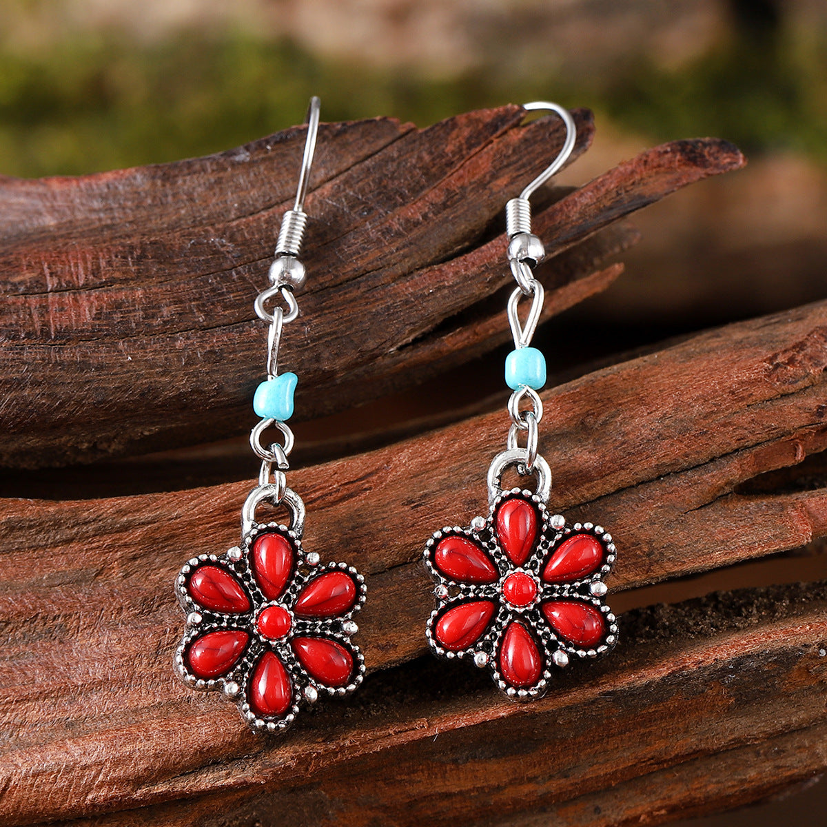 Ethnic Mosaic Oval Turquoise Pumpkin Flowers Retro Rings