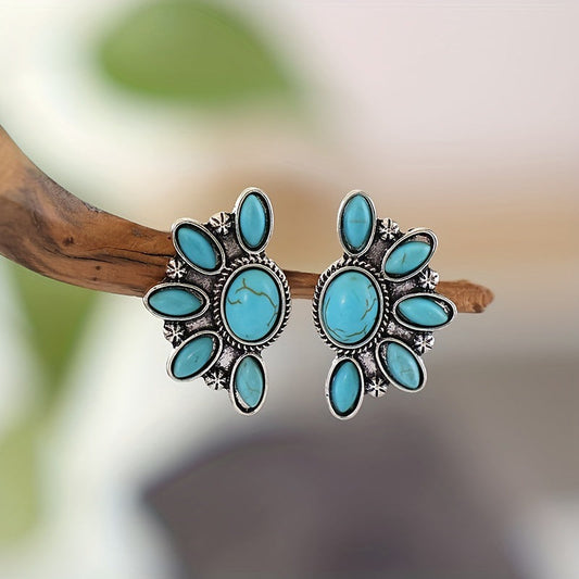 Women's Geometric Flower Embedded Turquoise Fashion Bohemian Earrings