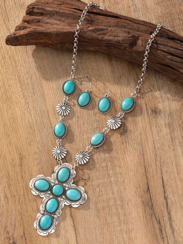 Retro Fashion Cross Turquoise Western Style Jewelry Set