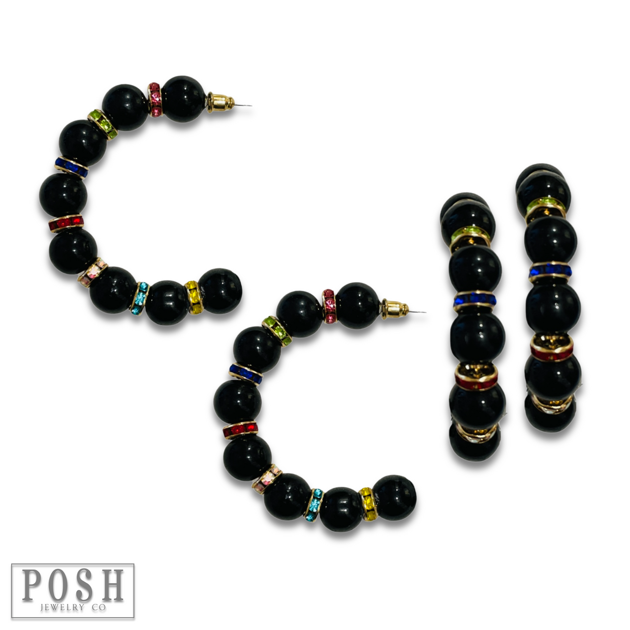 Black bead and rhinestone hoop earring