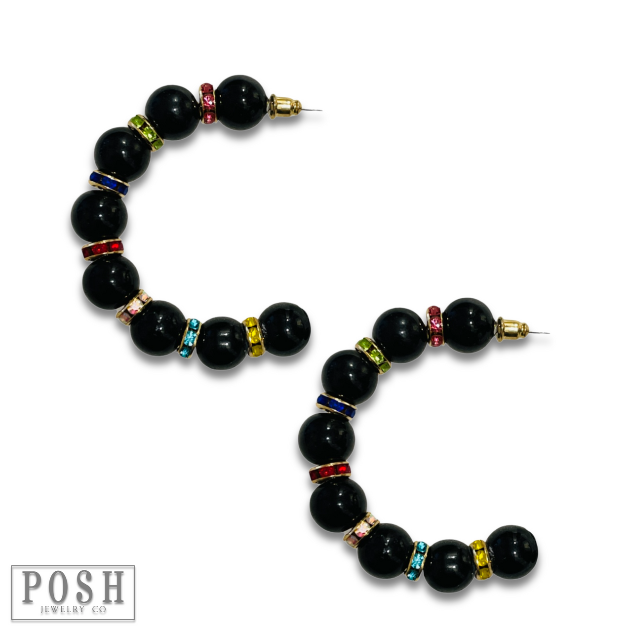 Black bead and rhinestone hoop earring