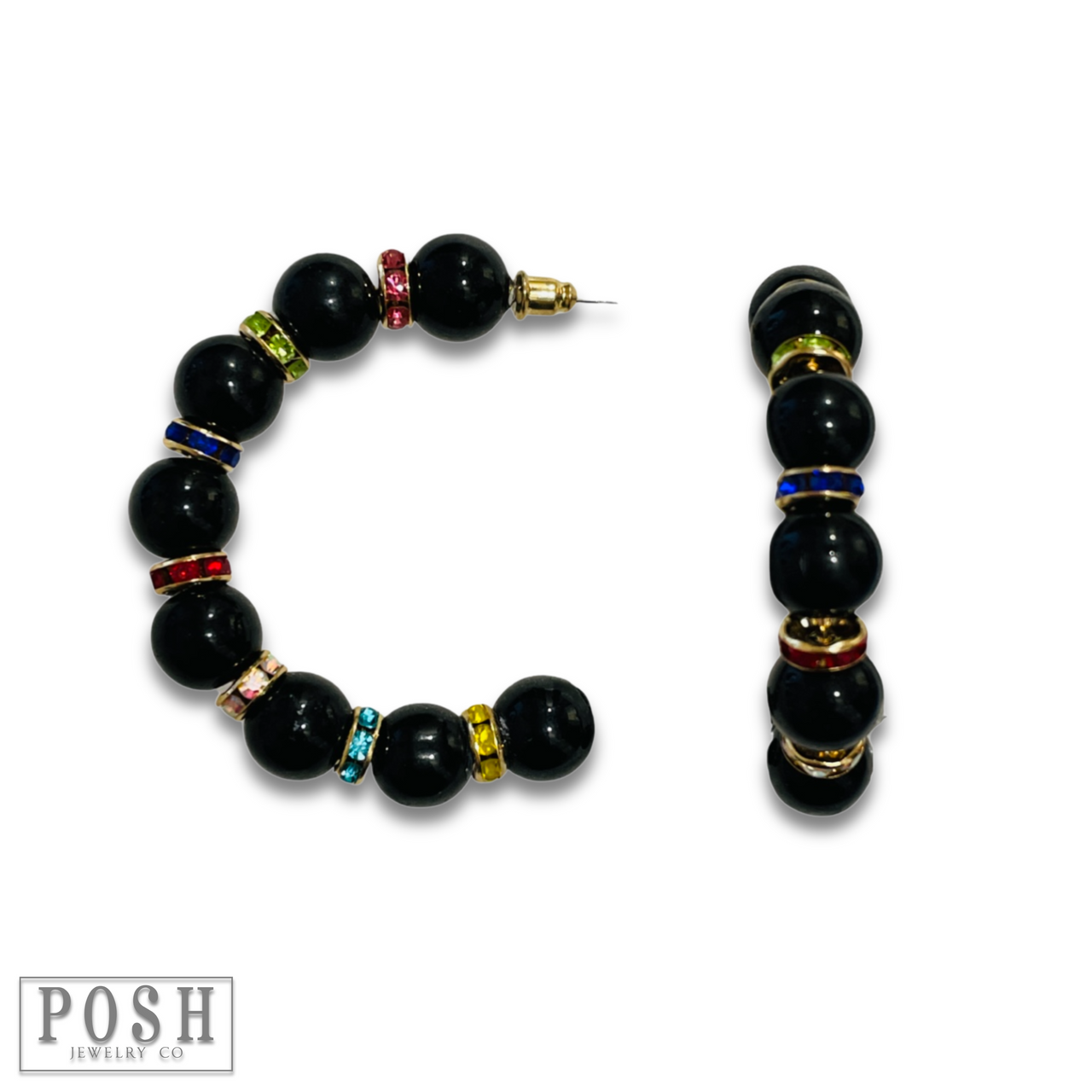 Black bead and rhinestone hoop earring