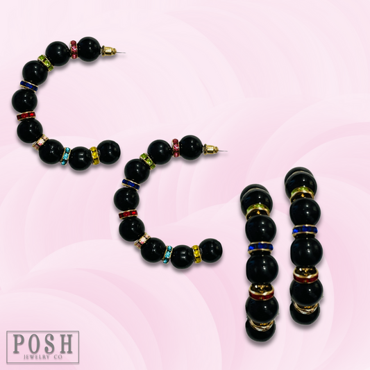 Black bead and rhinestone hoop earring