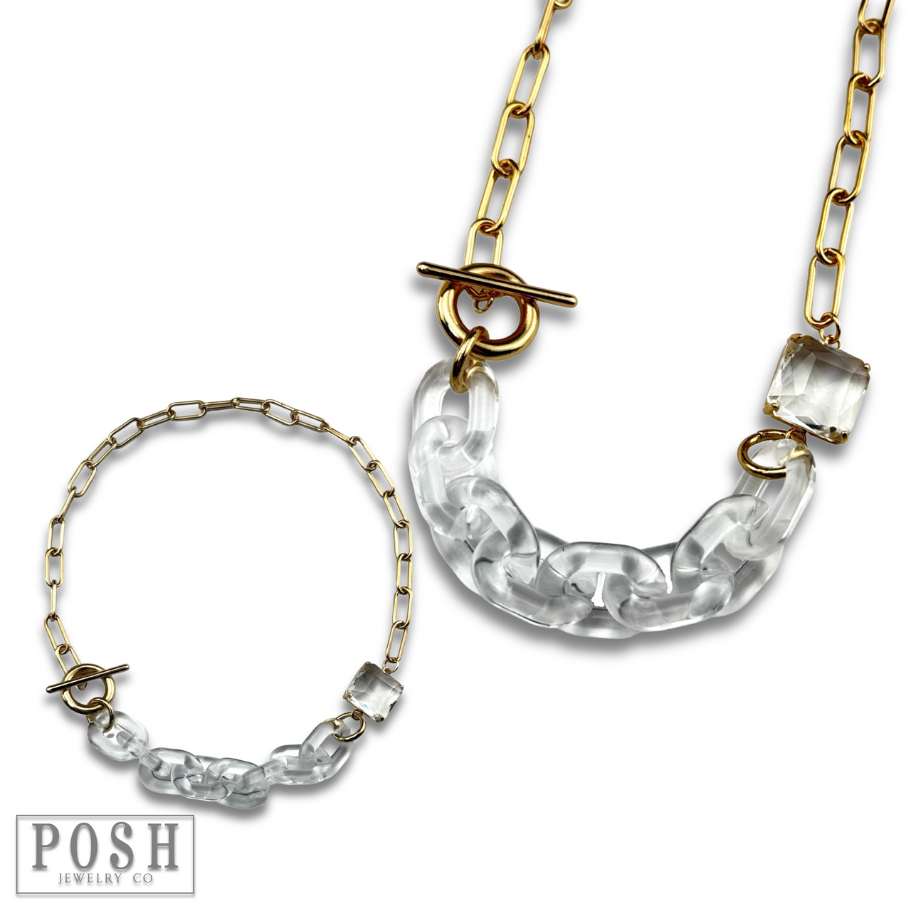 Gold and clear chain toggle necklace
