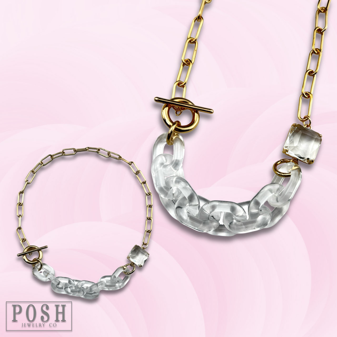 Gold and clear chain toggle necklace