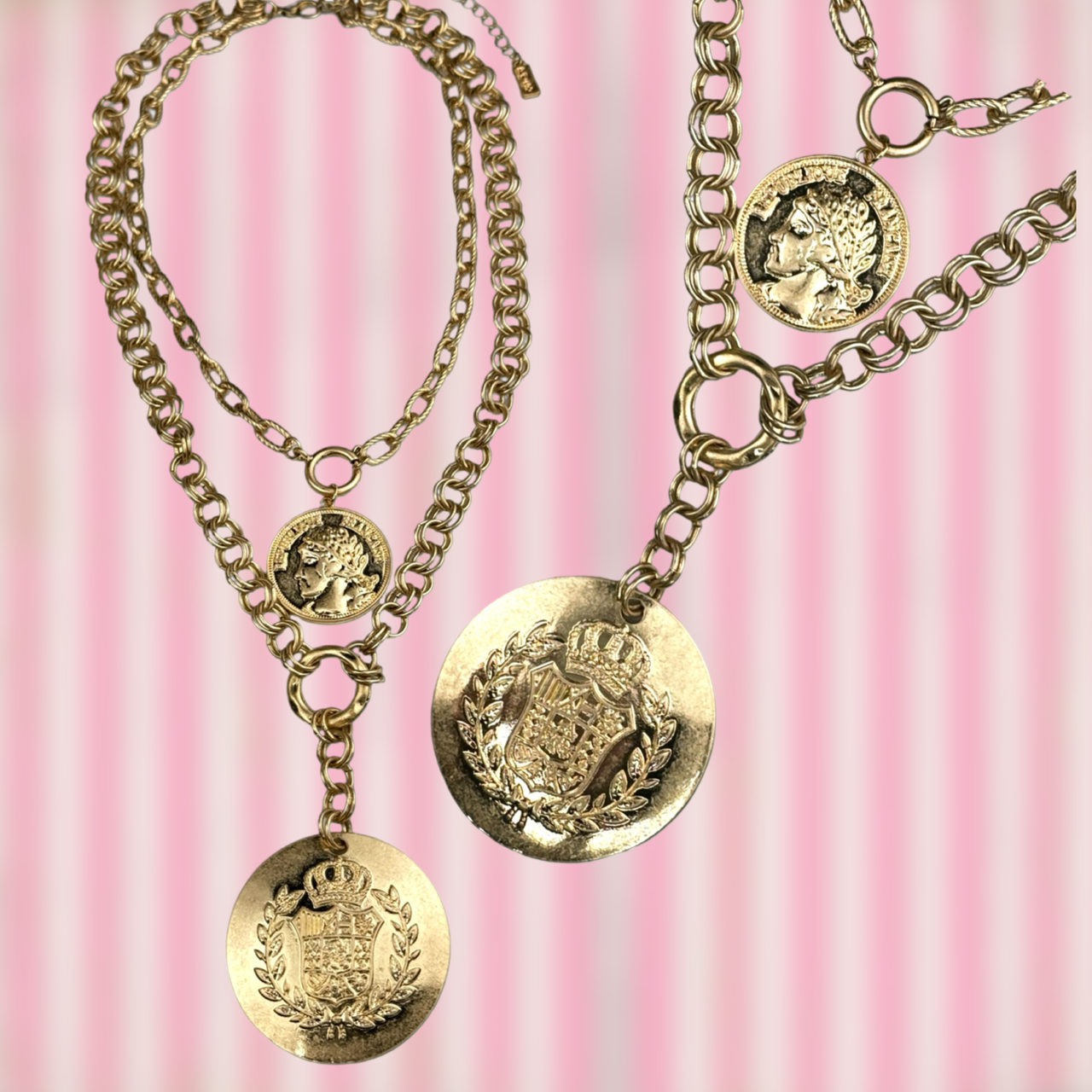 Double coin charm gold chain pendant necklace