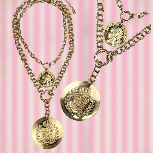 Double coin charm gold chain pendant necklace