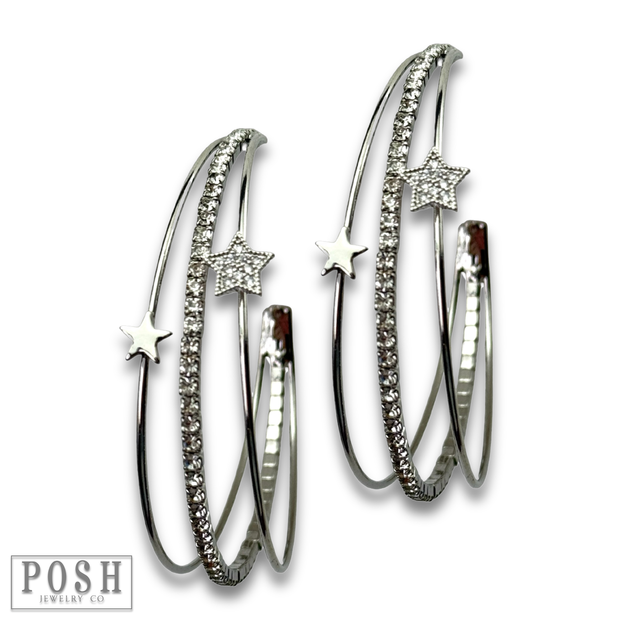 Triple hoop rhinestone and star earring