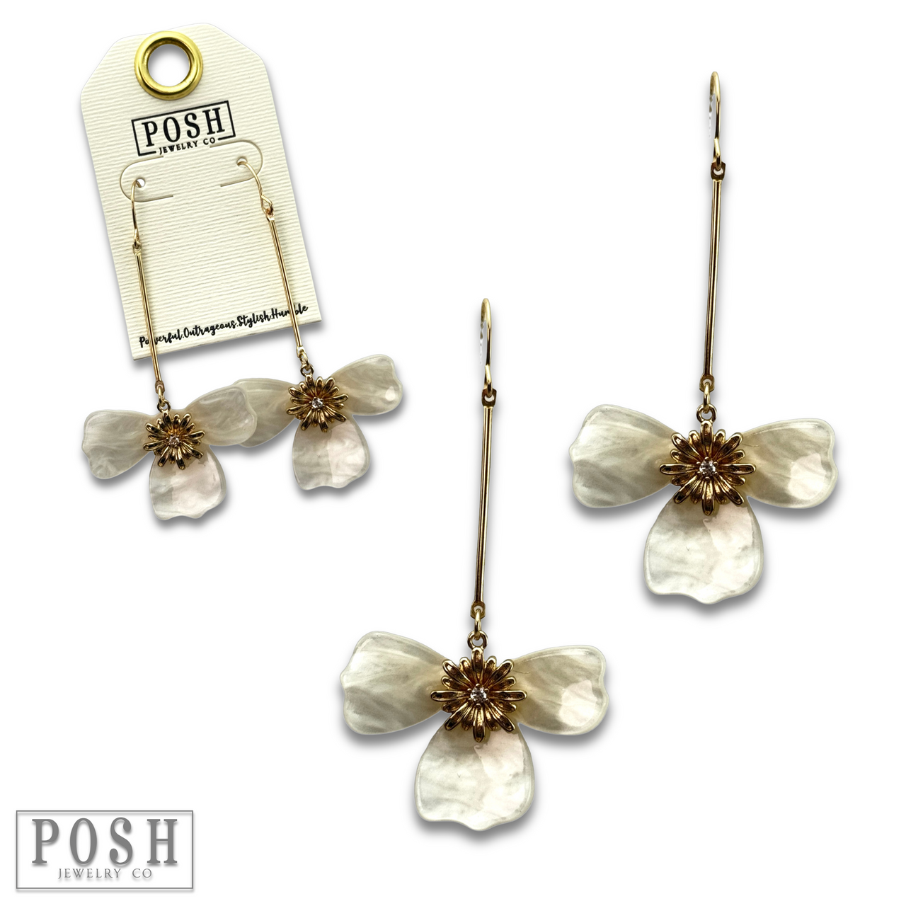 Three-petal flower on bar earring