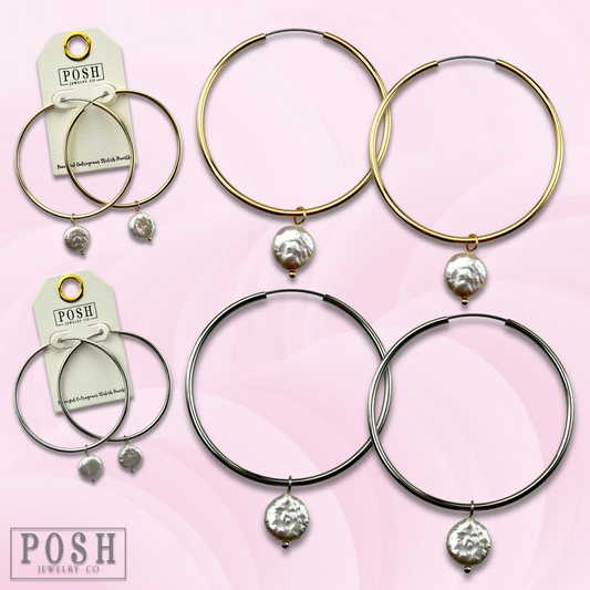 Coin pearl on hoop earring