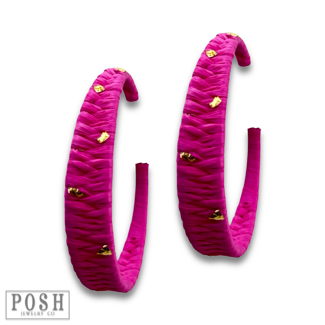 Woven gold flecked raffia hoop earring