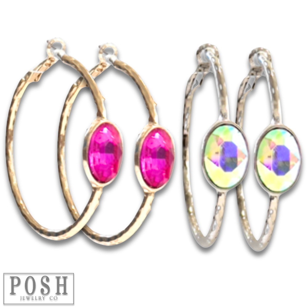 Rhinestone oval hammered hoop earring