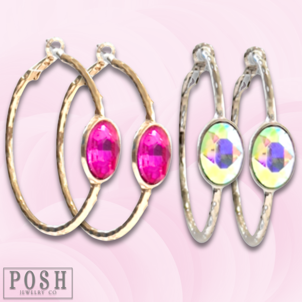 Rhinestone oval hammered hoop earring