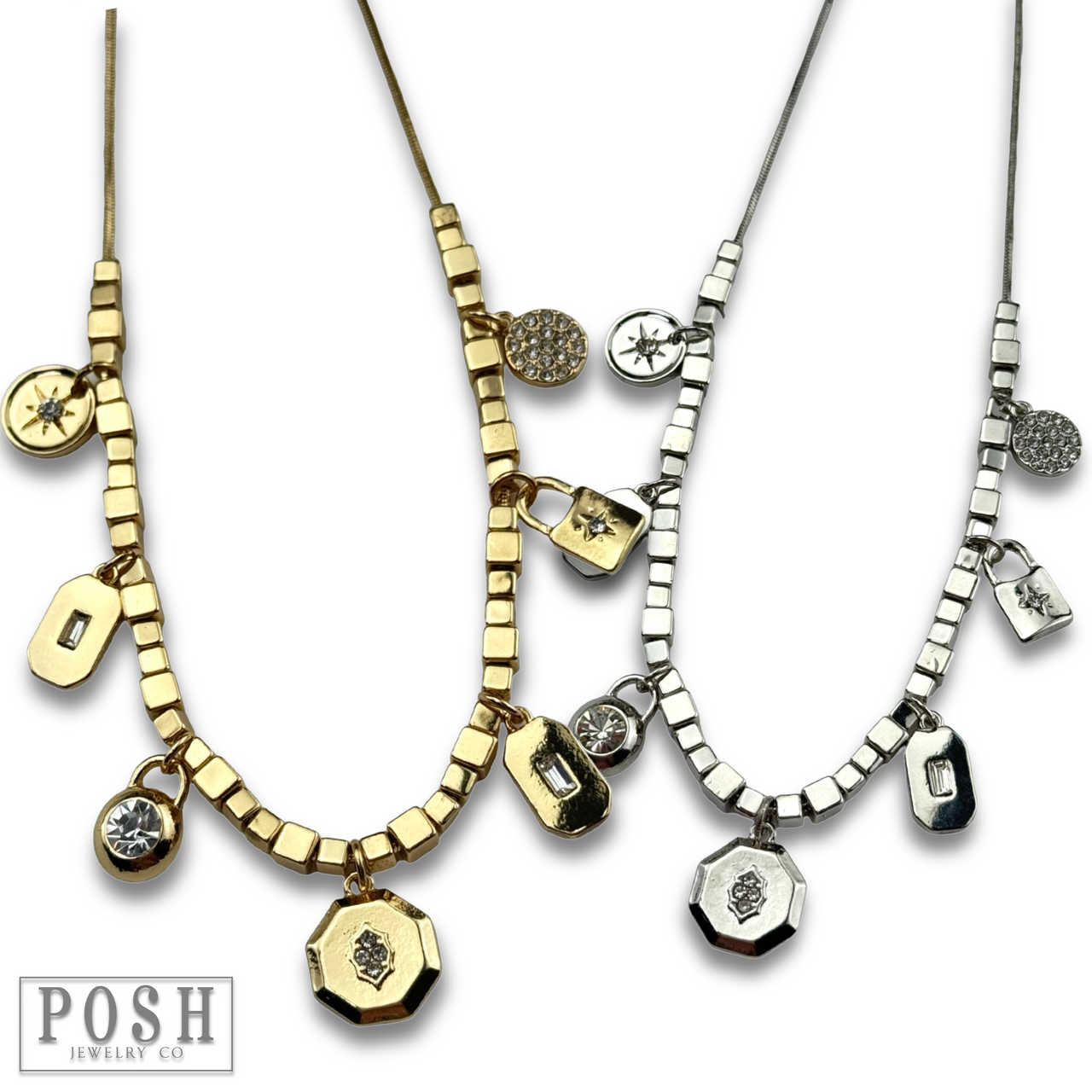 Cube bead and rhinestone charm necklace