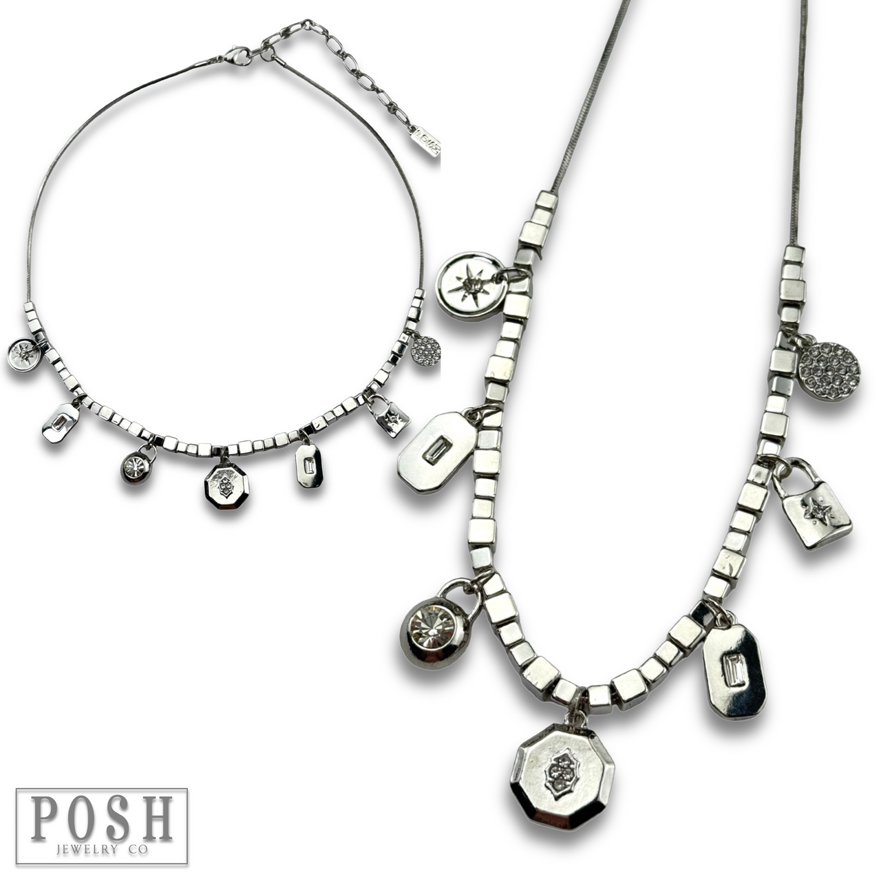 Cube bead and rhinestone charm necklace