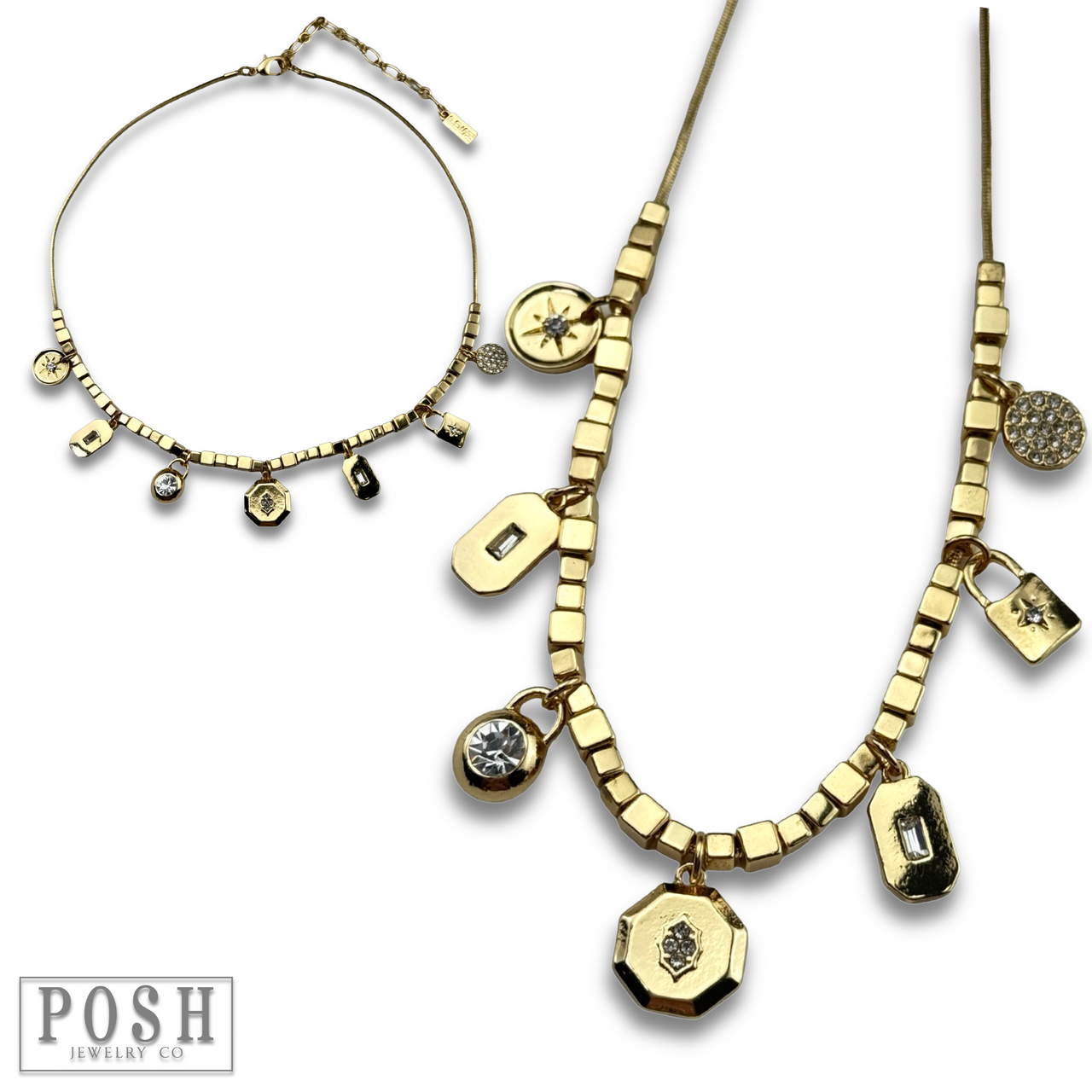 Cube bead and rhinestone charm necklace