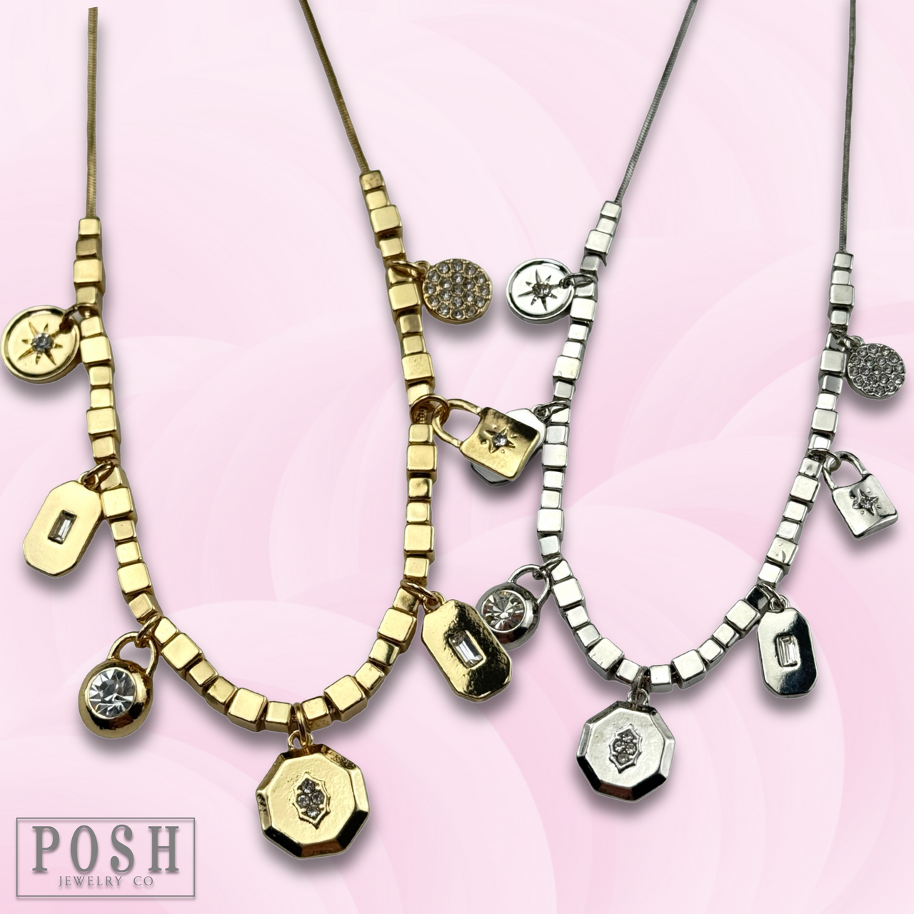 Cube bead and rhinestone charm necklace