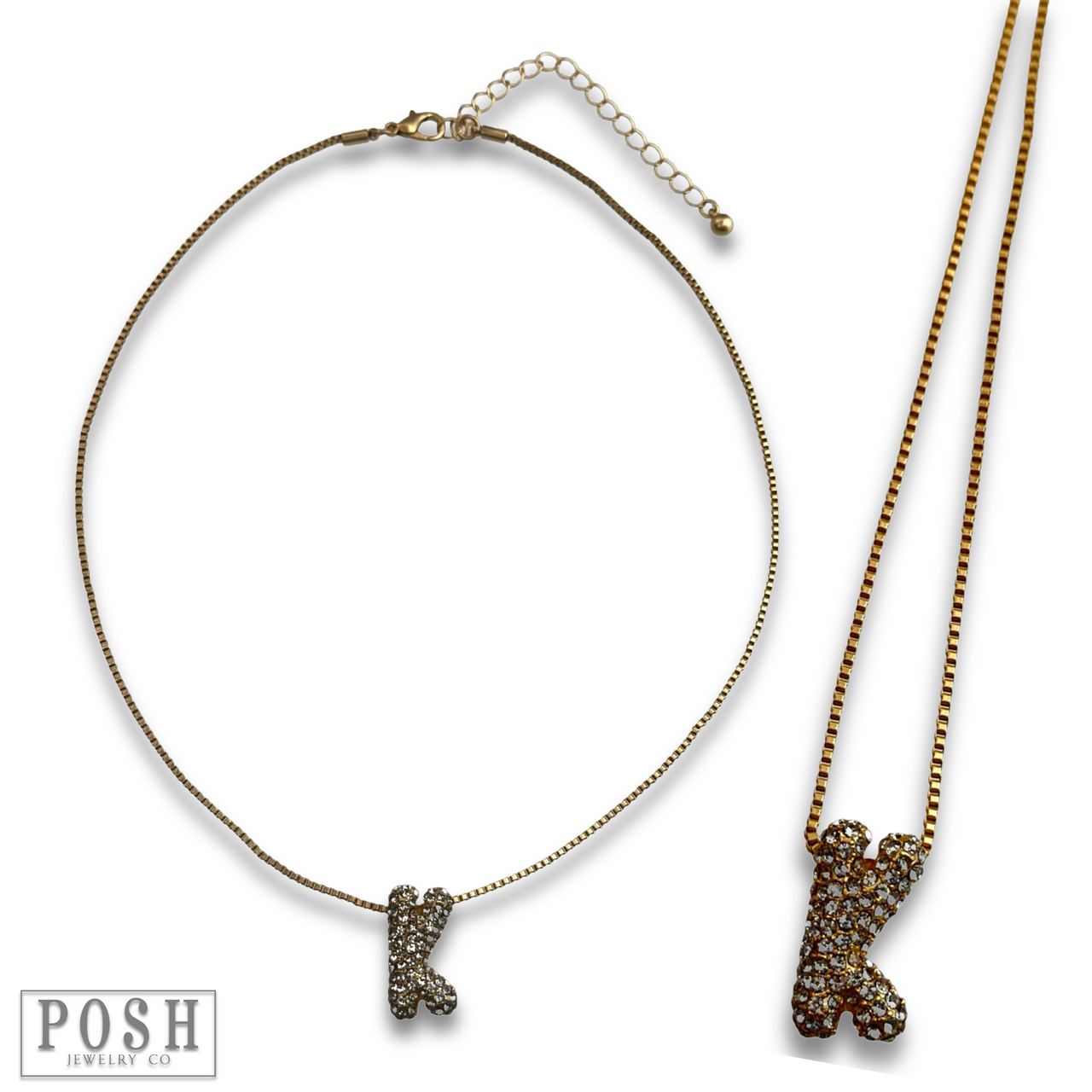Box chain necklace with rhinestone initial