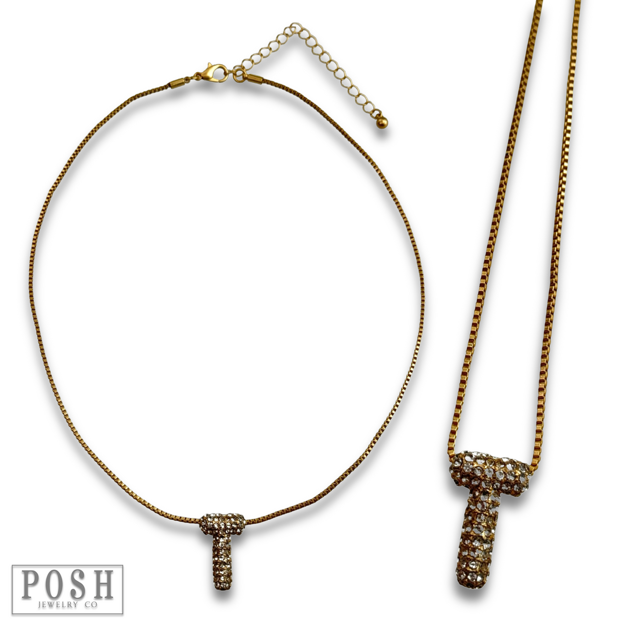 Box chain necklace with rhinestone initial