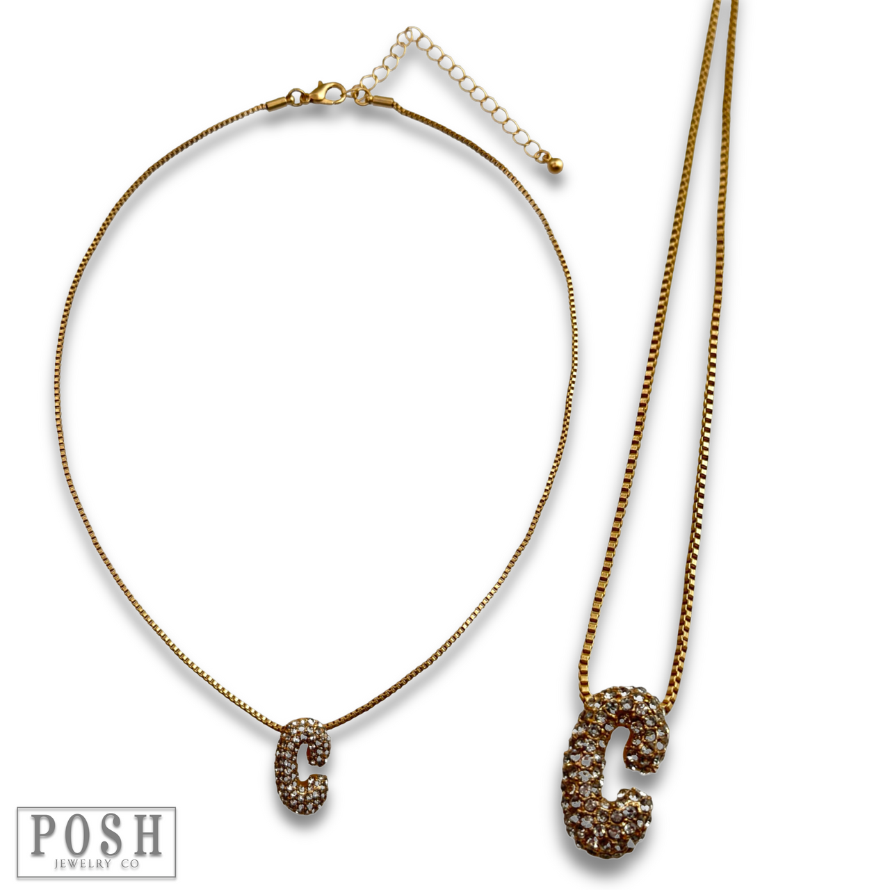 Box chain necklace with rhinestone initial