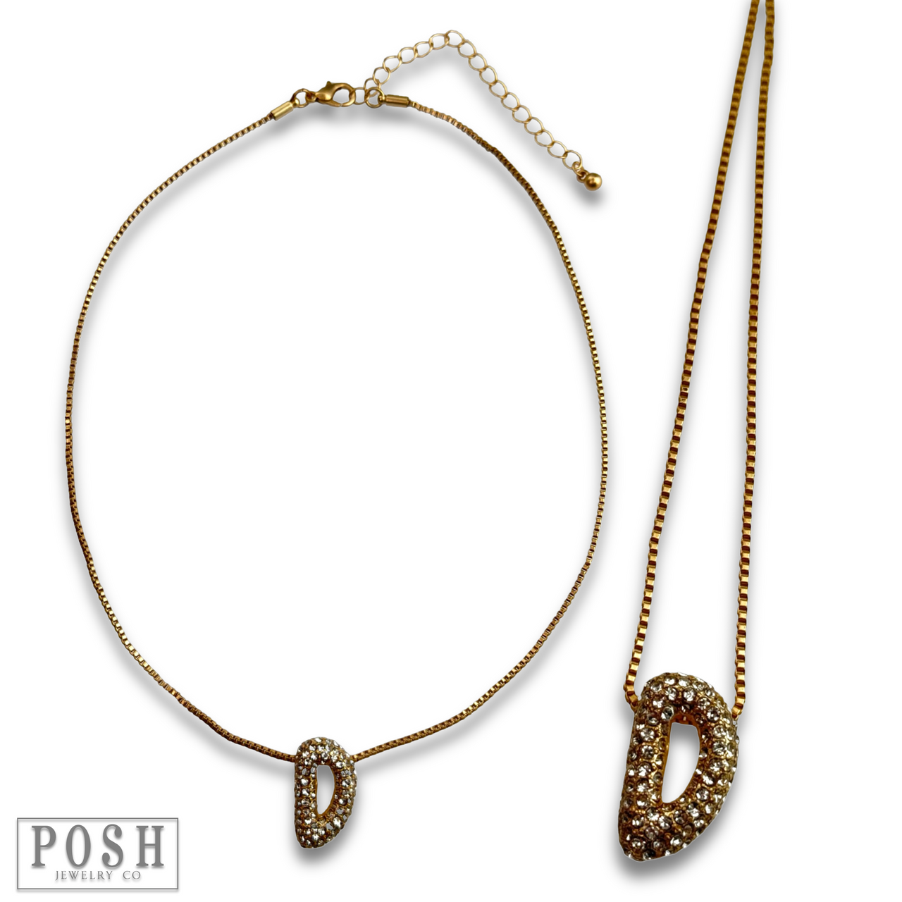 Box chain necklace with rhinestone initial