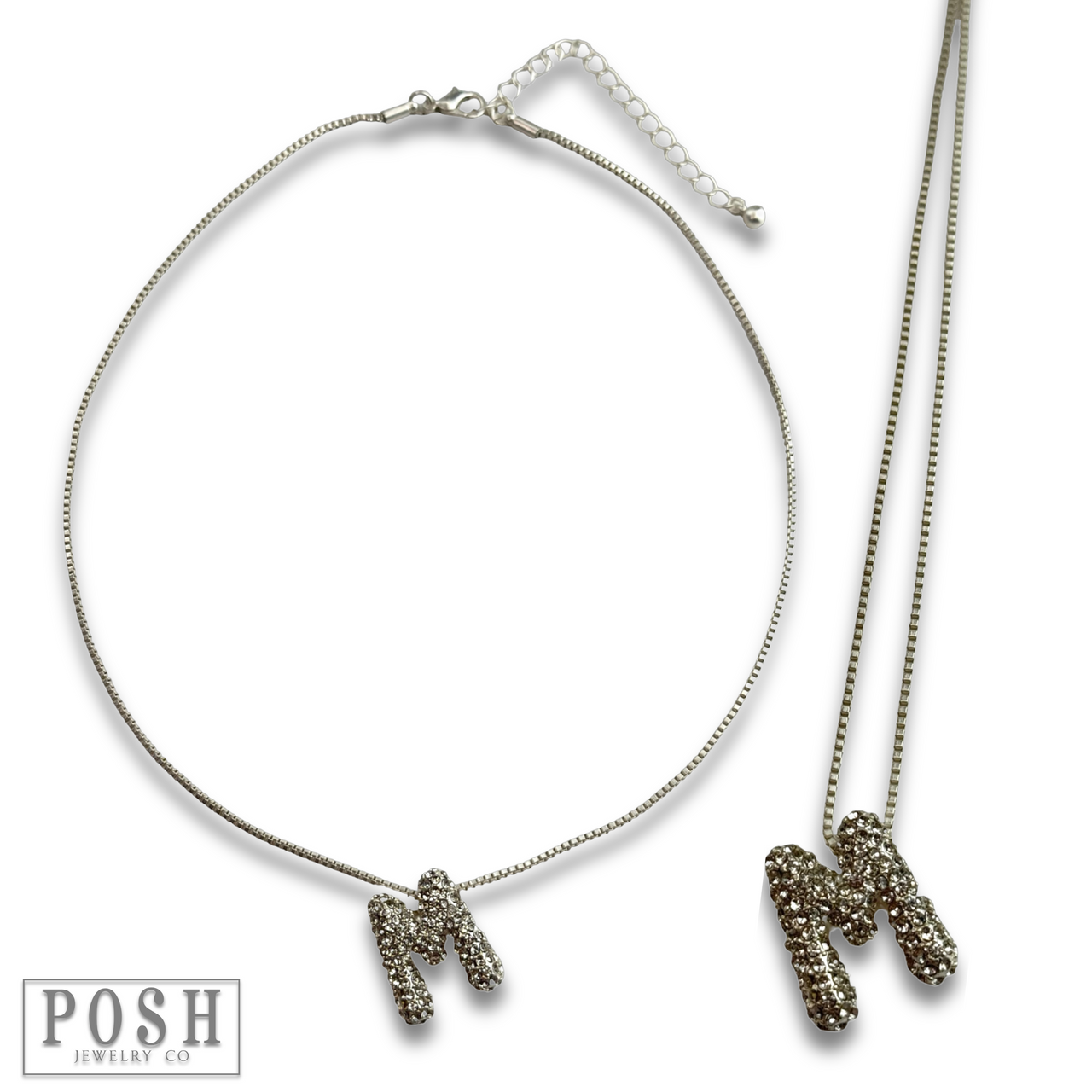 Box chain necklace with rhinestone initial