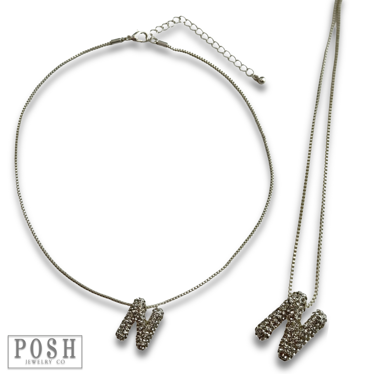 Box chain necklace with rhinestone initial