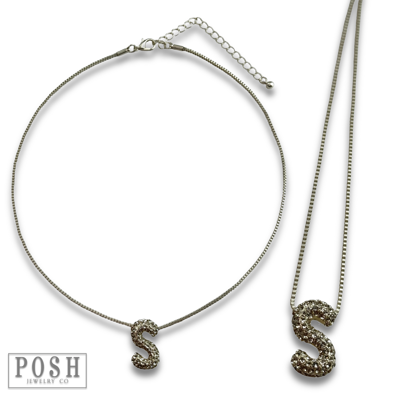 Box chain necklace with rhinestone initial