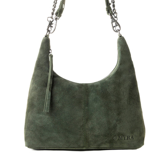Myra Juniper Trail Genuine Suede Bag for Women in forest green with extra strap