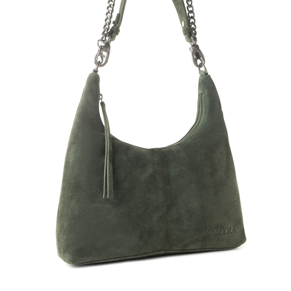 Myra Juniper Trail Genuine Suede Bag for Women in forest green with extra strap