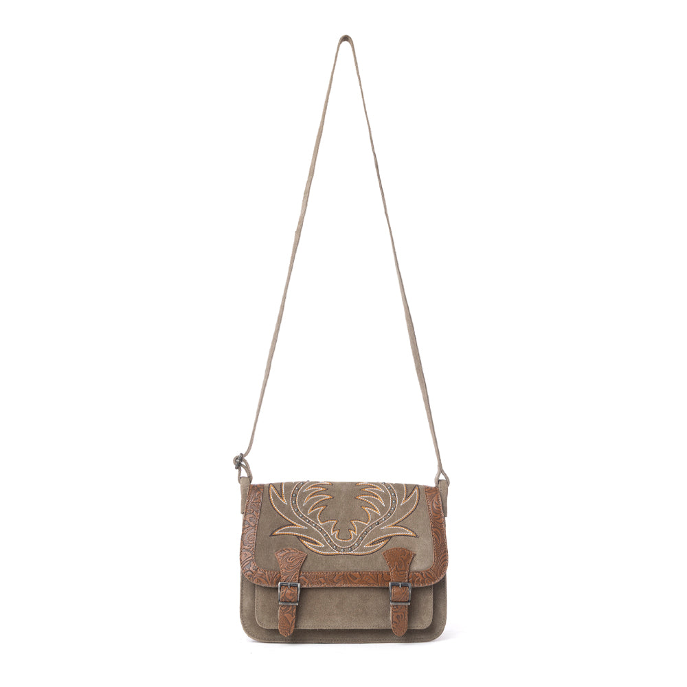Myra Amberwood Suede Leather Boot Embroidered Bag in Olive Taupe