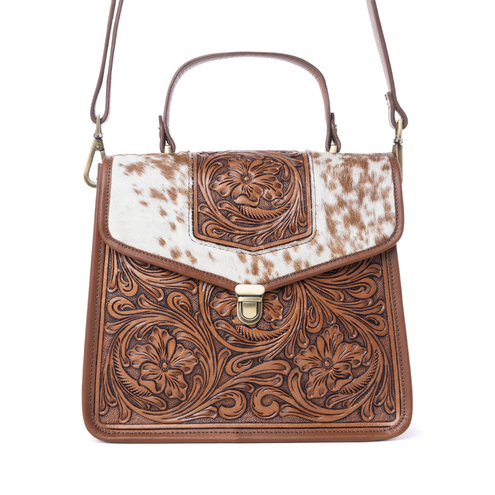 Myra Duchess Hairon Handtooled Flap and Button Leather Satchel in Mocha Cream