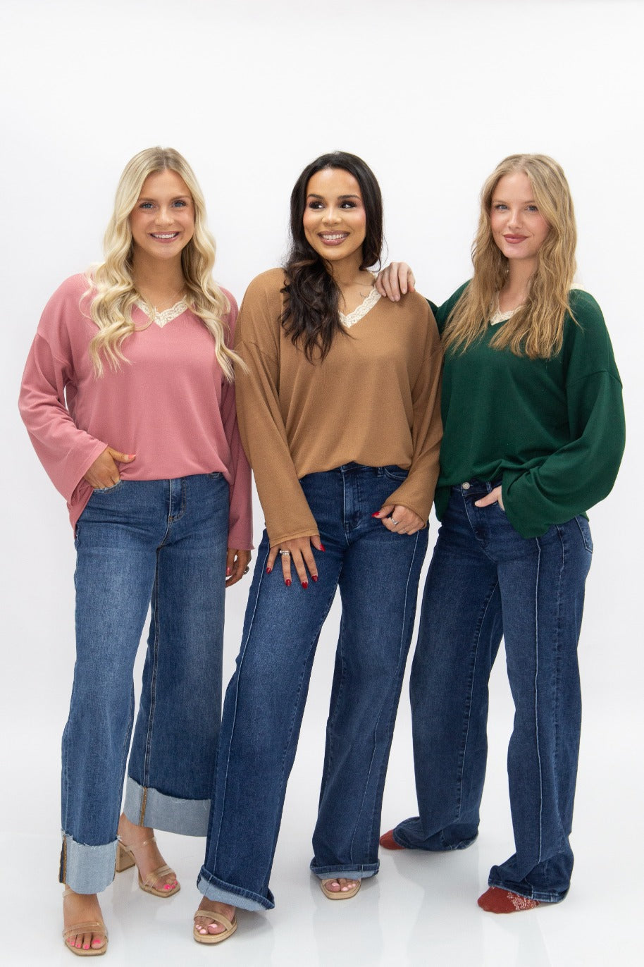 V-Neck Top with Lace Trim, Dusty Rose