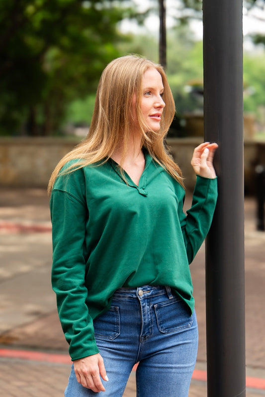 V-Neck Collared Pullover, Green