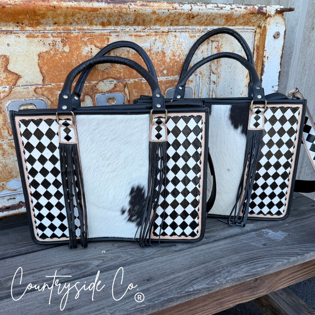 Tinsley Checkered Leather Cowhide Conceal Carry Tote, Computer Bag