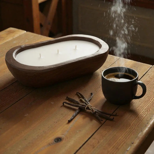 Warm Vanilla Candle in Hand-carved Bowl | Organic Soy Candle